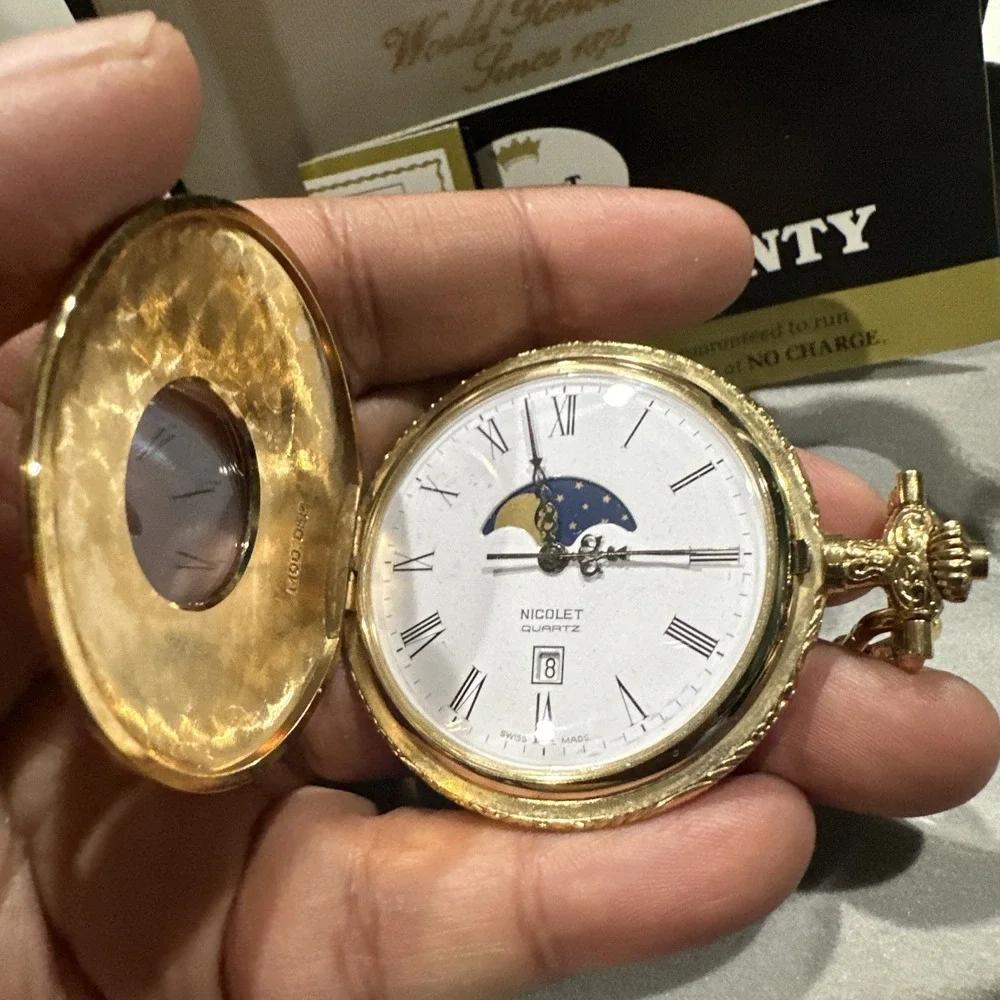 Repair New‎ Vintage Nicolet Moonphase Pocket watch Swiss Quartz in box Repair